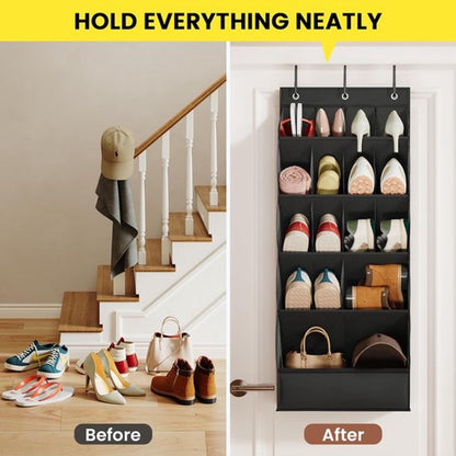 Hanging Shoe Organizer - Shoe Storage - 15 Large Compartments - Met Haken - Over-the-Door Organizer - Space-Saving Shoe Organizer - For Shoes, Home Accessories - Black