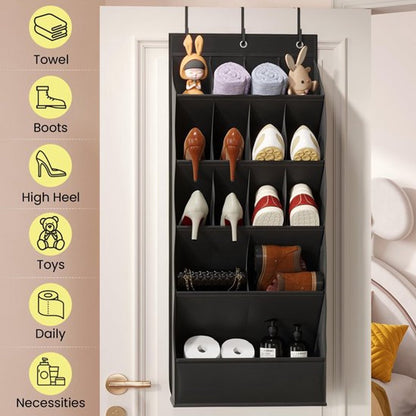 Hanging Shoe Organizer - Shoe Storage - 15 Large Compartments - Met Haken - Over-the-Door Organizer - Space-Saving Shoe Organizer - For Shoes, Home Accessories - Black