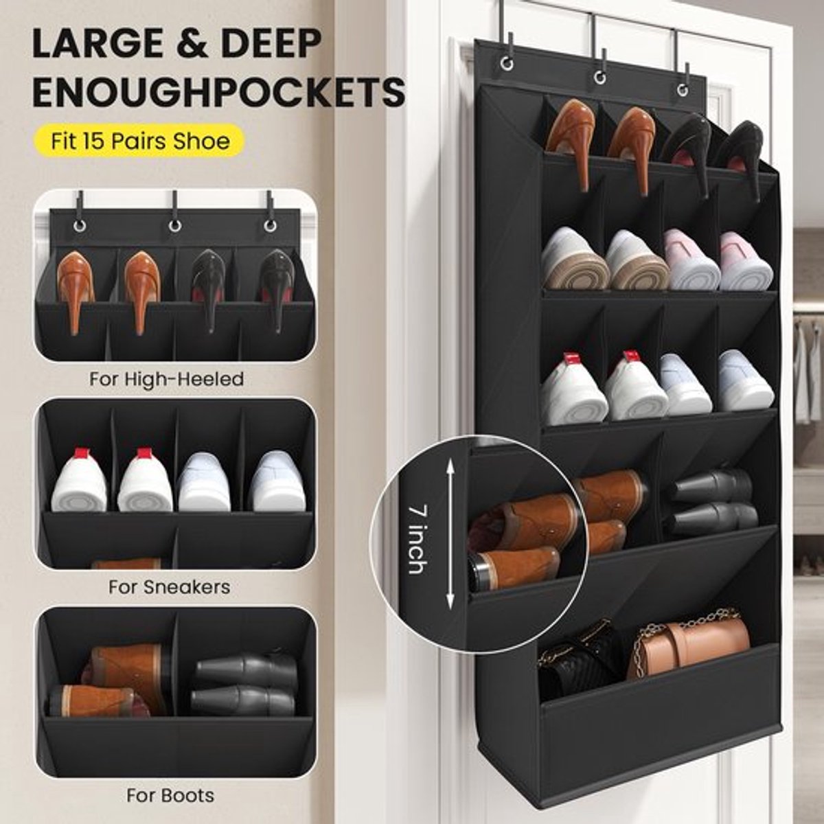 Hanging Shoe Organizer - Shoe Storage - 15 Large Compartments - Met Haken - Over-the-Door Organizer - Space-Saving Shoe Organizer - For Shoes, Home Accessories - Black