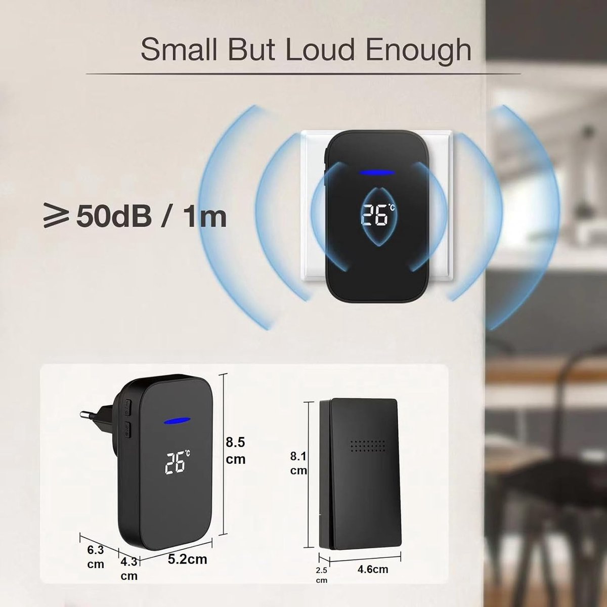 Wireless Doorbell - Doorbells - Wireless Doorbell - Battery-Free Wireless Doorbell - Self-winding Doorbell Button with Electronic Chime - Temperature Display - For Home and Office (White, 1+1)