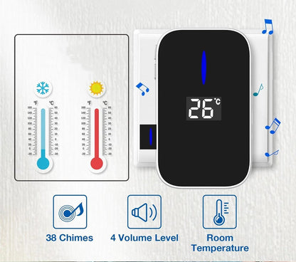 Wireless Doorbell - Doorbells - Wireless Doorbell - Battery-Free Wireless Doorbell - Self-winding Doorbell Button with Electronic Chime - Temperature Display - For Home and Office (White, 1+1)