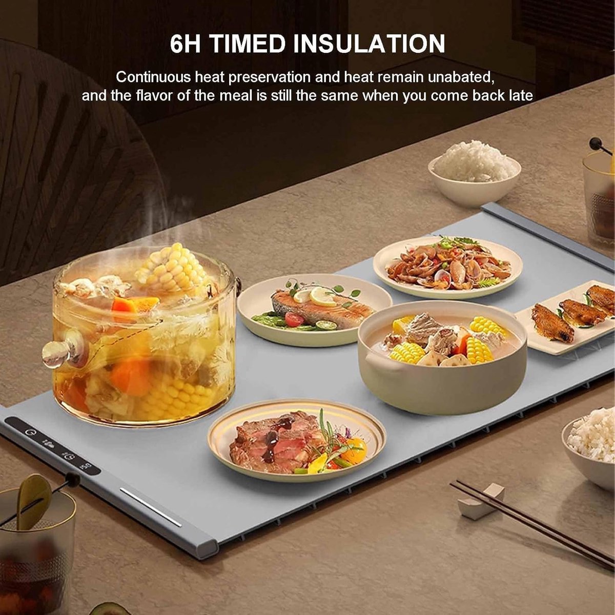 250W roll-up electric hot plate with 8 temperature settings and a 6-hour timer, for buffets, made of waterproof silicone, black