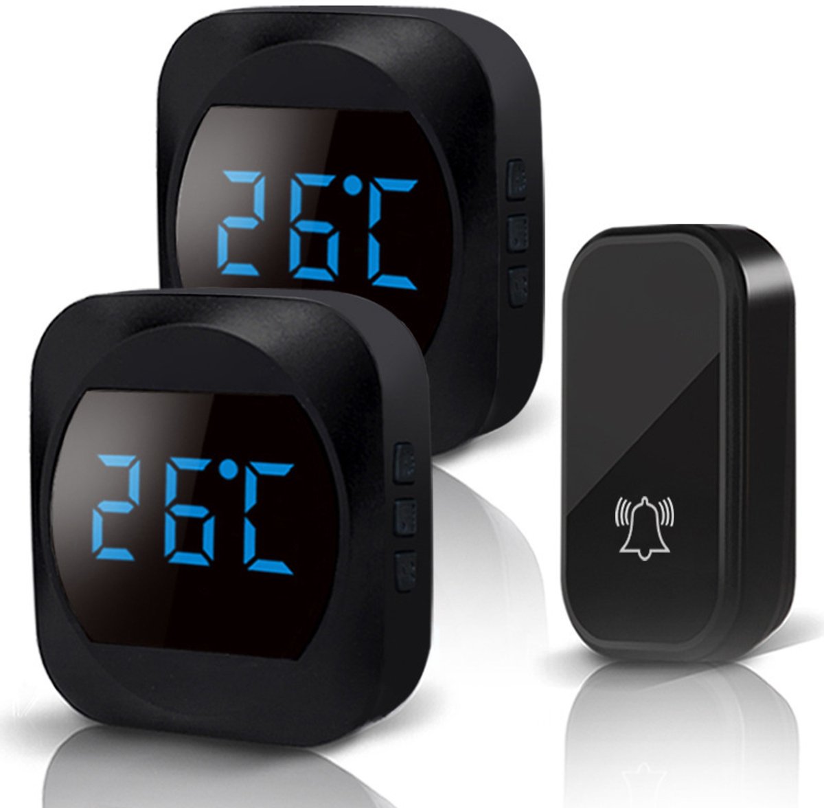 Wireless doorbell with LED, temperature display, waterproof electronic doorbell kit, with 2 plug-in receivers, 150m range, 4 volume levels, 38 melodies