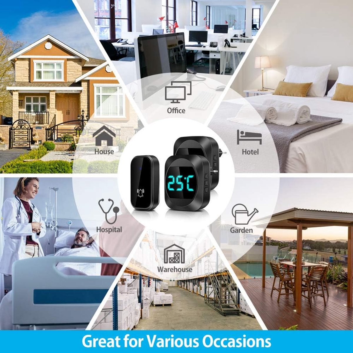 Wireless doorbell with LED, temperature display, waterproof electronic doorbell kit, with 2 plug-in receivers, 150m range, 4 volume levels, 38 melodies