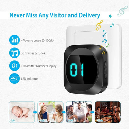 Wireless doorbell with LED, temperature display, waterproof electronic doorbell kit, with 2 plug-in receivers, 150m range, 4 volume levels, 38 melodies