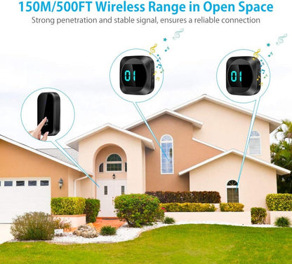 Wireless doorbell with LED, temperature display, waterproof electronic doorbell kit, with 2 plug-in receivers, 150m range, 4 volume levels, 38 melodies