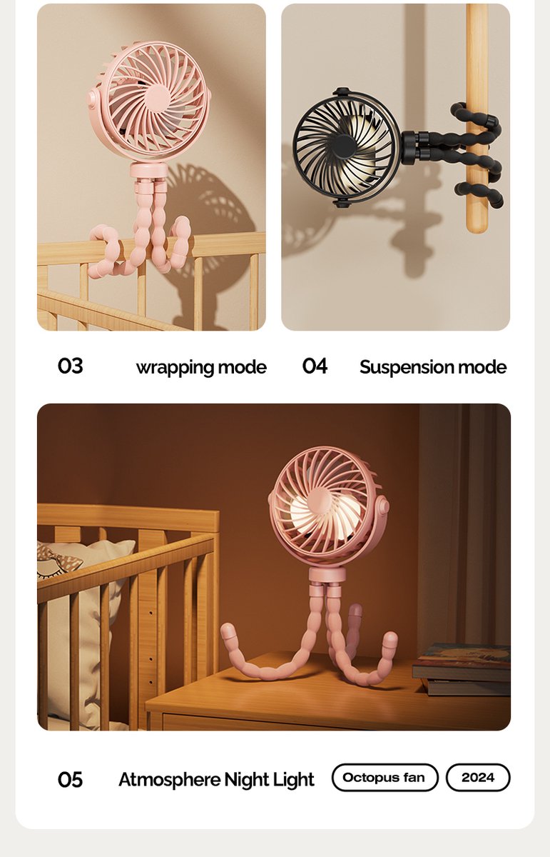 Handheld Fan - Rechargeable Portable Fan - Black - Cordless Handheld Table Fan - Mini Stroller Fan - 3 Modes - Mini Fan - Festival Fan - Octopus Fan