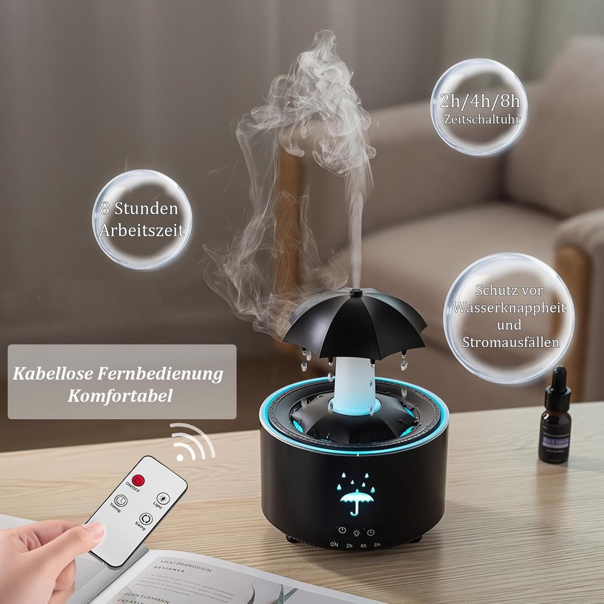 Aromatherapy Humidifier - Umbrella Humidifier - 300ml Rotating Humidifier for Bedroom with Remote Control and Timer - 7-Color LED - Humidifier for Living Room or Children's Room - Humidifiers (Black)