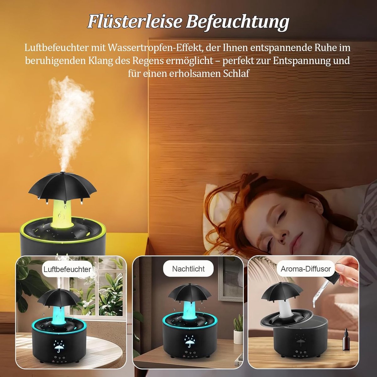 Aromatherapy Humidifier - Umbrella Humidifier - 300ml Rotating Humidifier for Bedroom with Remote Control and Timer - 7-Color LED - Humidifier for Living Room or Children's Room - Humidifiers (Black)