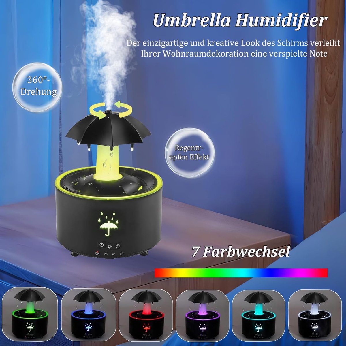 Aromatherapy Humidifier - Umbrella Humidifier - 300ml Rotating Humidifier for Bedroom with Remote Control and Timer - 7-Color LED - Humidifier for Living Room or Children's Room - Humidifiers (Black)