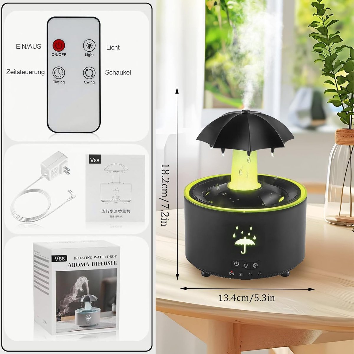 Aromatherapy Humidifier - Umbrella Humidifier - 300ml Rotating Humidifier for Bedroom with Remote Control and Timer - 7-Color LED - Humidifier for Living Room or Children's Room - Humidifiers (Black)