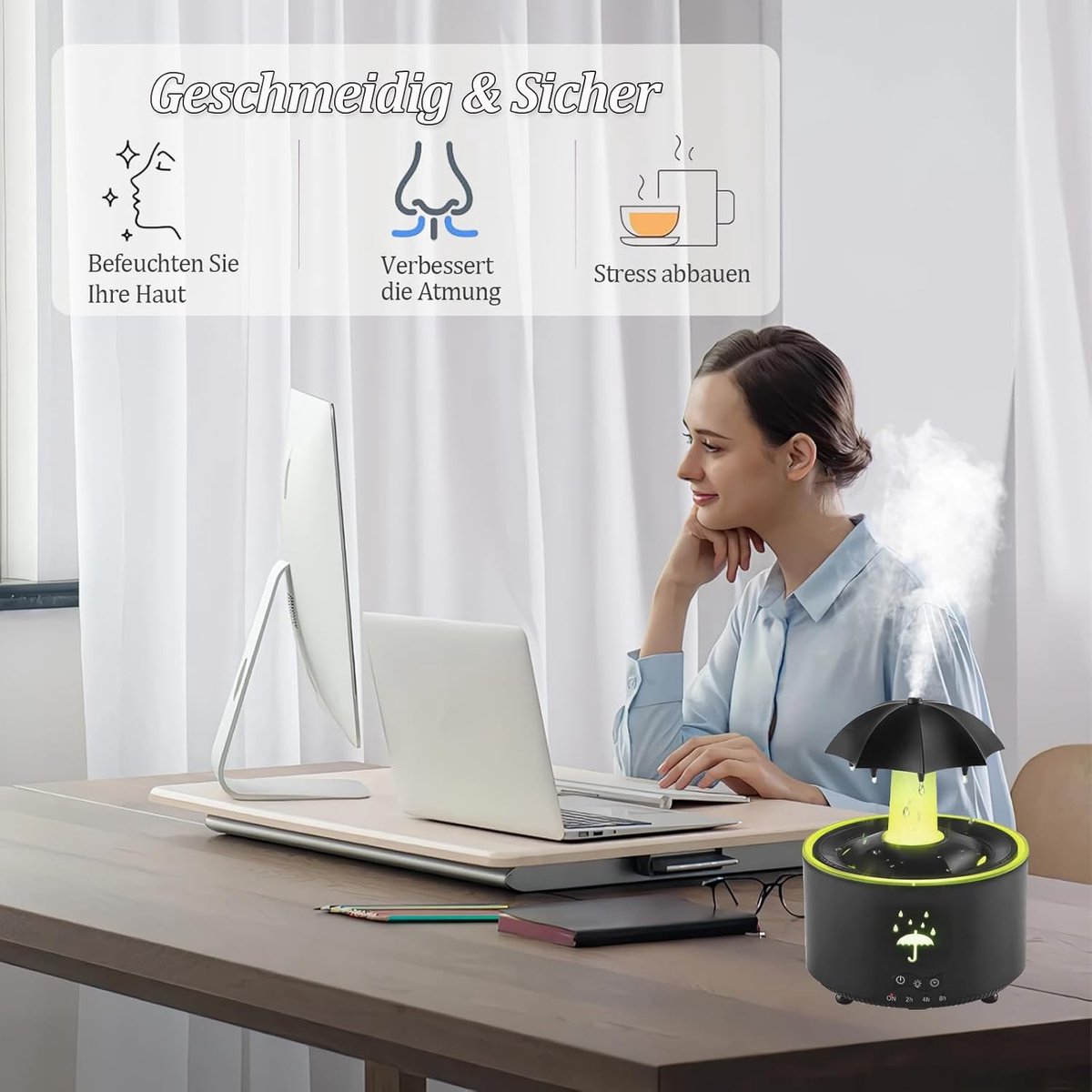 Aromatherapy Humidifier - Umbrella Humidifier - 300ml Rotating Humidifier for Bedroom with Remote Control and Timer - 7-Color LED - Humidifier for Living Room or Children's Room - Humidifiers (Black)