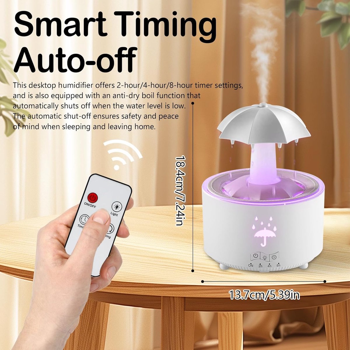Aromatherapy Humidifier - Umbrella Humidifier - 300ml Rotating Humidifier for Bedroom with Remote Control and Timer - 7-Color LED Humidifier for Living Room or Children's Room - Humidifiers (White)