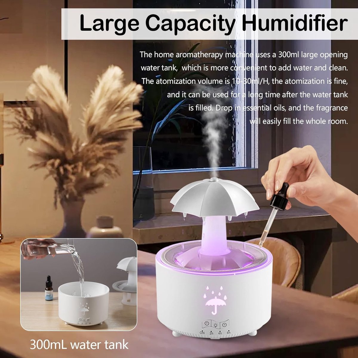Aromatherapy Humidifier - Umbrella Humidifier - 300ml Rotating Humidifier for Bedroom with Remote Control and Timer - 7-Color LED Humidifier for Living Room or Children's Room - Humidifiers (White)