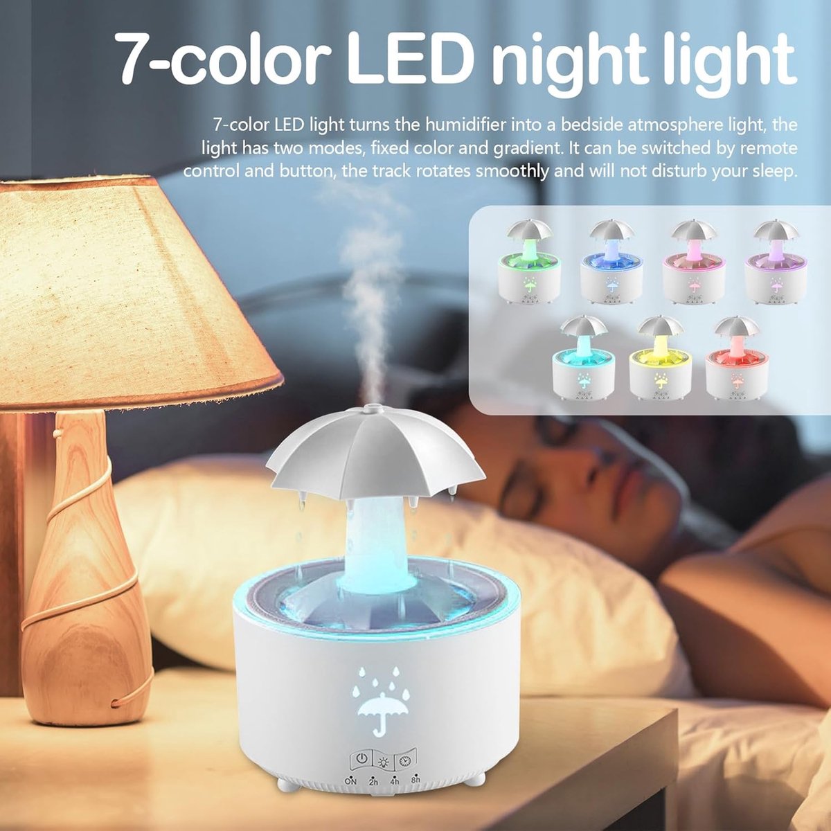Aromatherapy Humidifier - Umbrella Humidifier - 300ml Rotating Humidifier for Bedroom with Remote Control and Timer - 7-Color LED Humidifier for Living Room or Children's Room - Humidifiers (White)