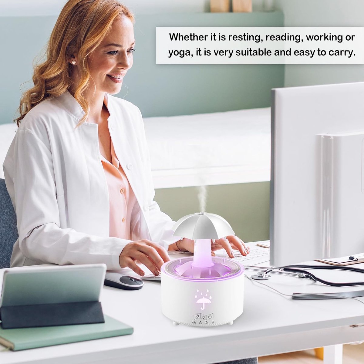 Aromatherapy Humidifier - Umbrella Humidifier - 300ml Rotating Humidifier for Bedroom with Remote Control and Timer - 7-Color LED Humidifier for Living Room or Children's Room - Humidifiers (White)