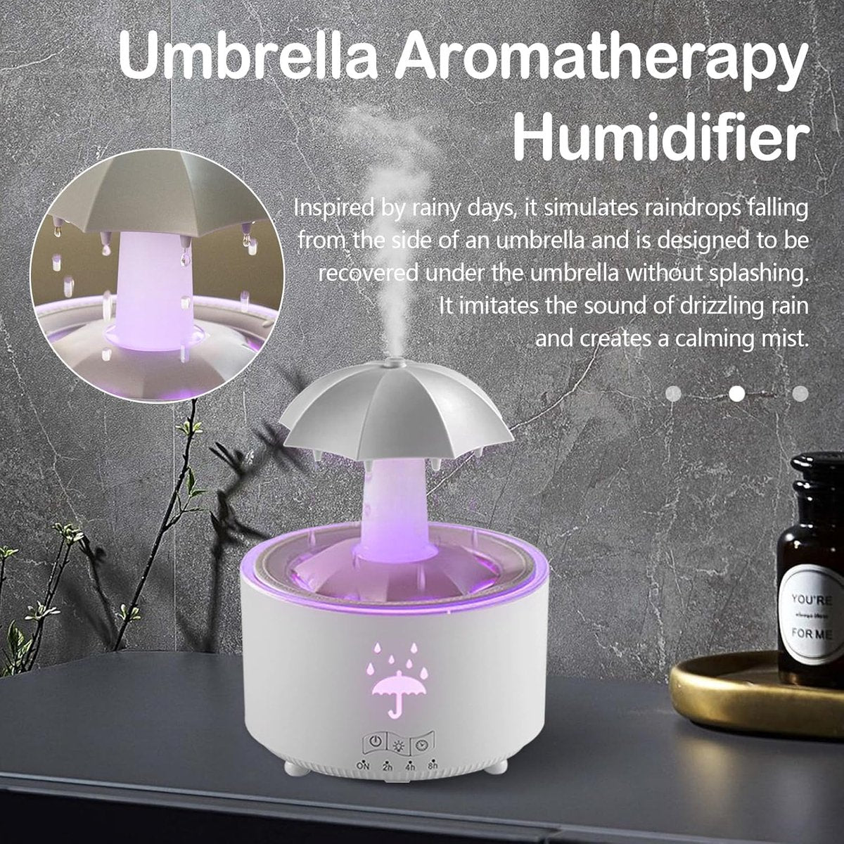 Aromatherapy Humidifier - Umbrella Humidifier - 300ml Rotating Humidifier for Bedroom with Remote Control and Timer - 7-Color LED Humidifier for Living Room or Children's Room - Humidifiers (White)