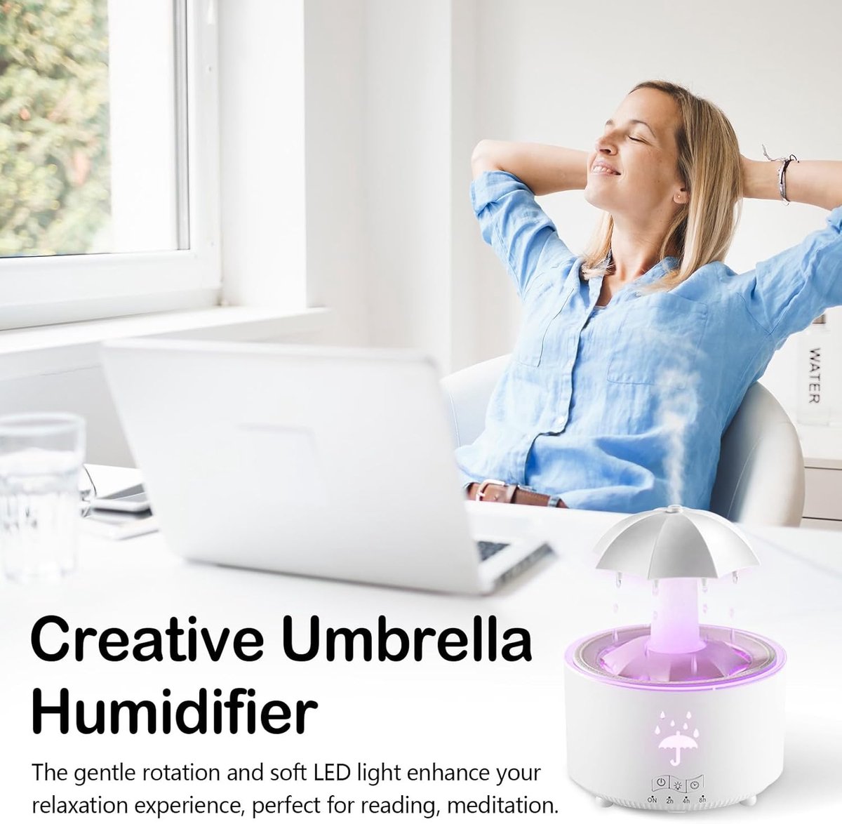 Aromatherapy Humidifier - Umbrella Humidifier - 300ml Rotating Humidifier for Bedroom with Remote Control and Timer - 7-Color LED Humidifier for Living Room or Children's Room - Humidifiers (White)