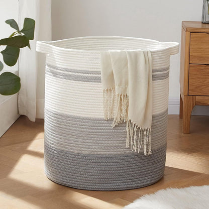 Laundry basket with handles, decorative basket for living room, woven storage basket for toys, cushions, blankets, clothes (gradient grey, 45 x 50 cm)