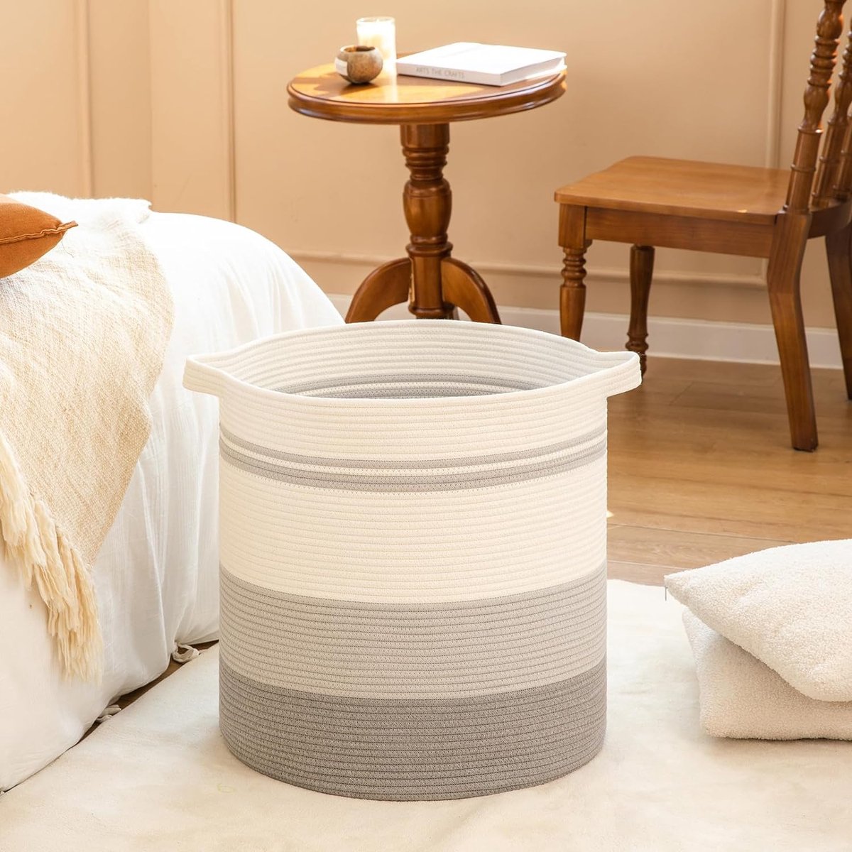 Laundry basket with handles, decorative basket for living room, woven storage basket for toys, cushions, blankets, clothes (gradient grey, 45 x 50 cm)