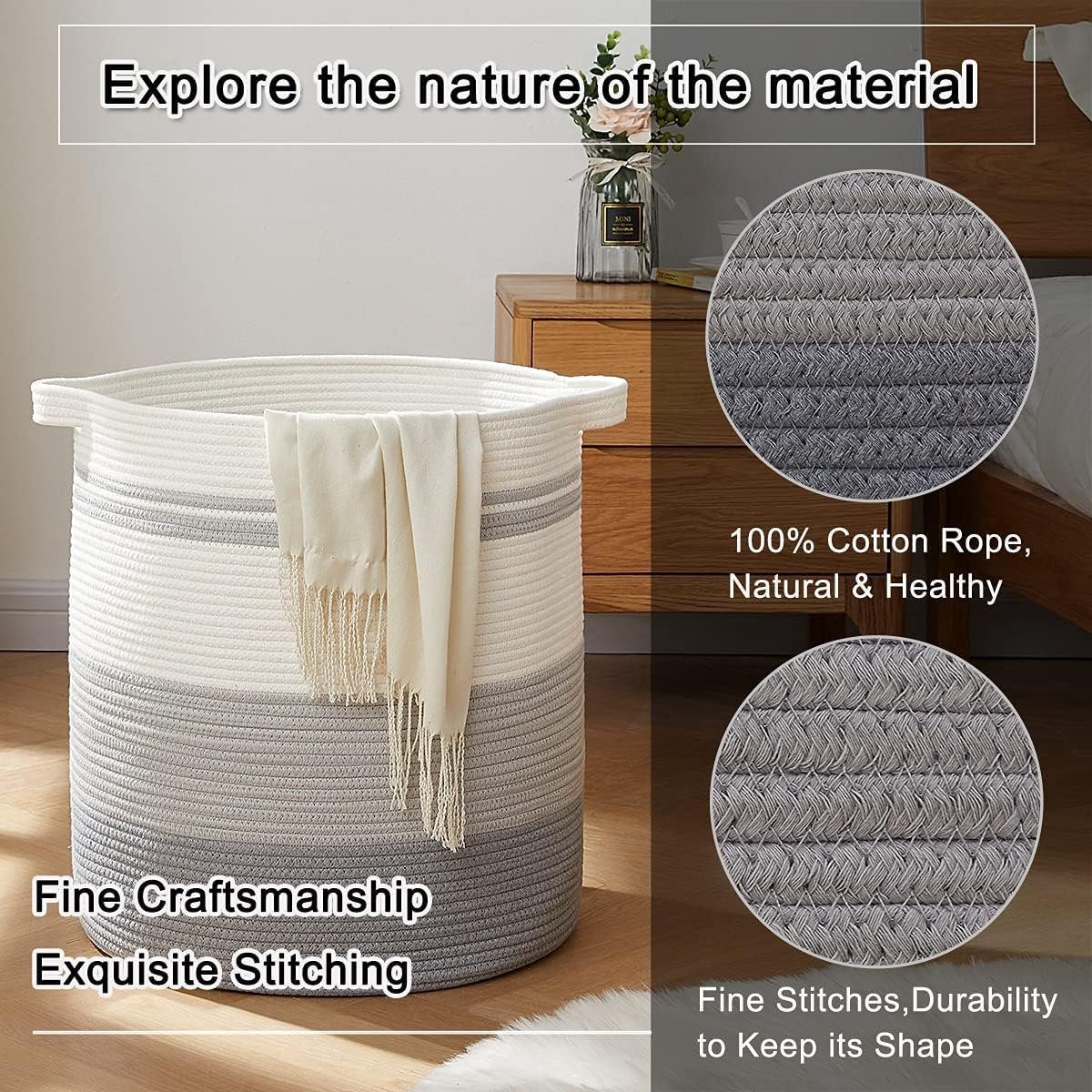 Laundry basket with handles, decorative basket for living room, woven storage basket for toys, cushions, blankets, clothes (gradient grey, 45 x 50 cm)
