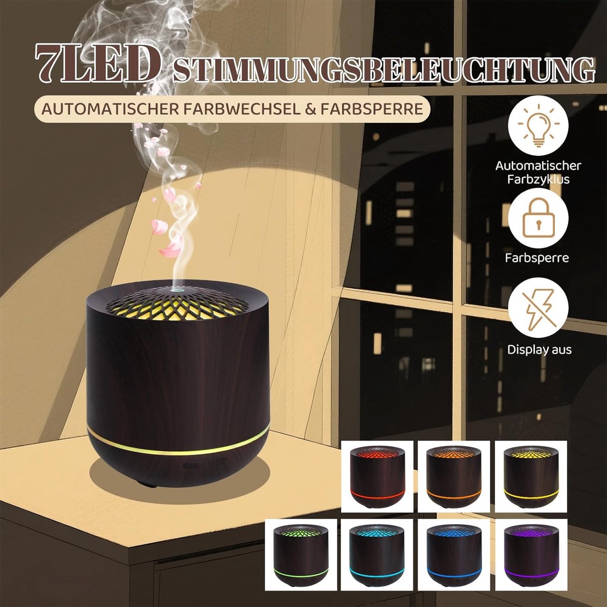 Humidifiers - Aromatherapy Humidifier - 300ml Diffuser - Air Humidifier - Room Humidifier - 7-Color LED - Light and Automatic Shut-Off - Essential Oil Diffuser for Home and Office (Dark)