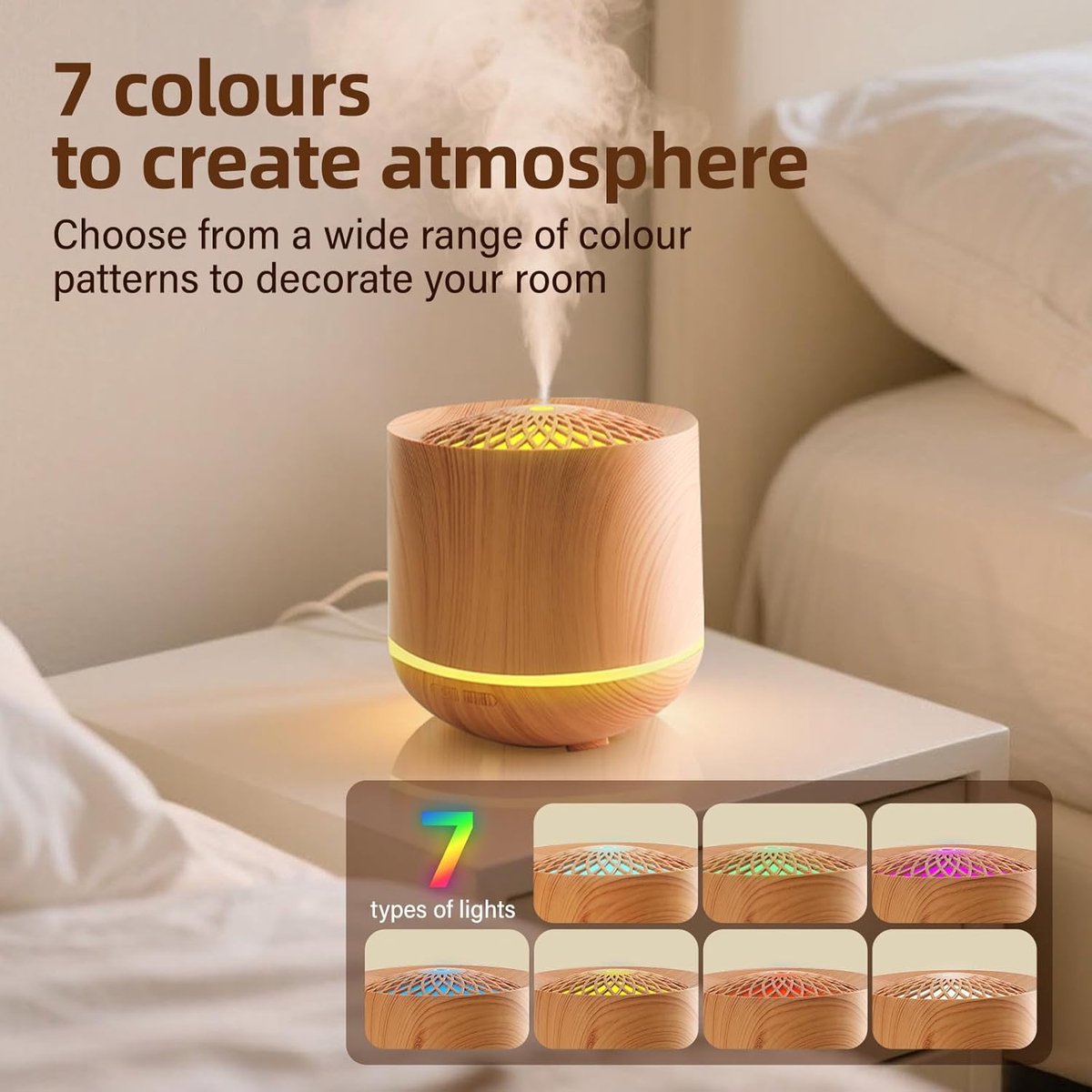 Humidifiers - Aromatherapy Humidifier - 300ml Diffuser - Air Humidifier - Room Humidifier - 7-Color LED - Light and Automatic Shut-Off - Essential Oil Diffuser for Home and Office (Light Color)