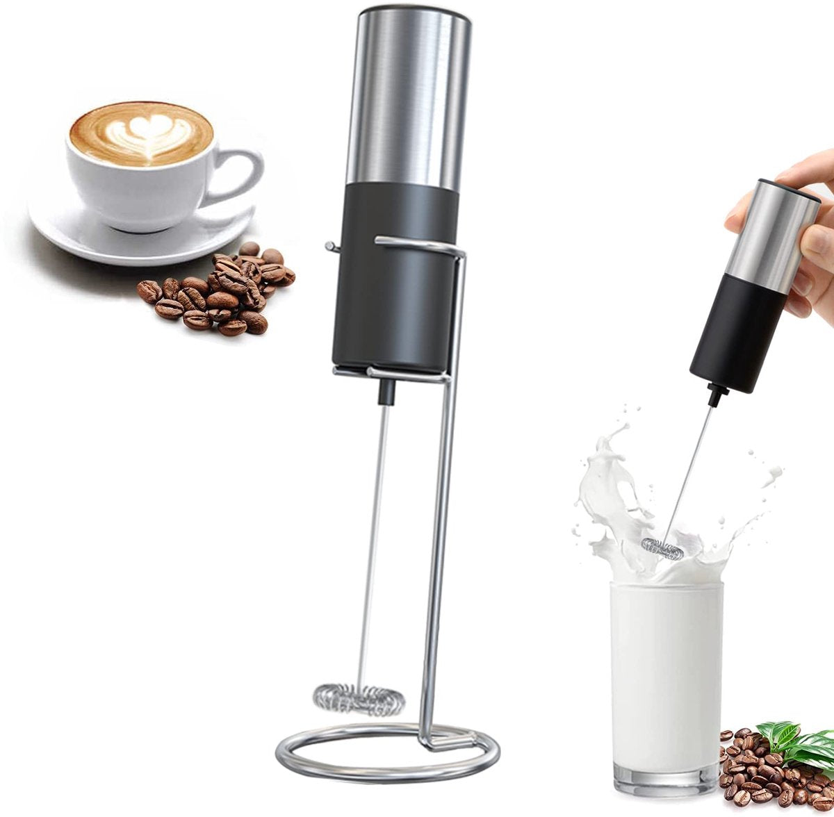 Electric milk frother - Manual milk frother - Mini milk mixer - With stand - No plug - Convenient for camping - Black