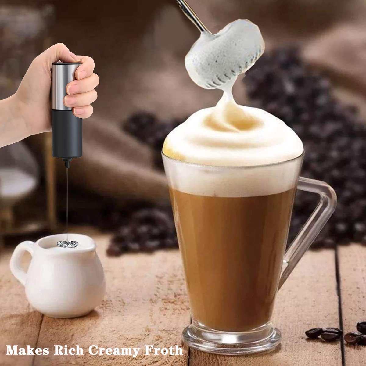 Electric milk frother - Manual milk frother - Mini milk mixer - With stand - No plug - Convenient for camping - Black