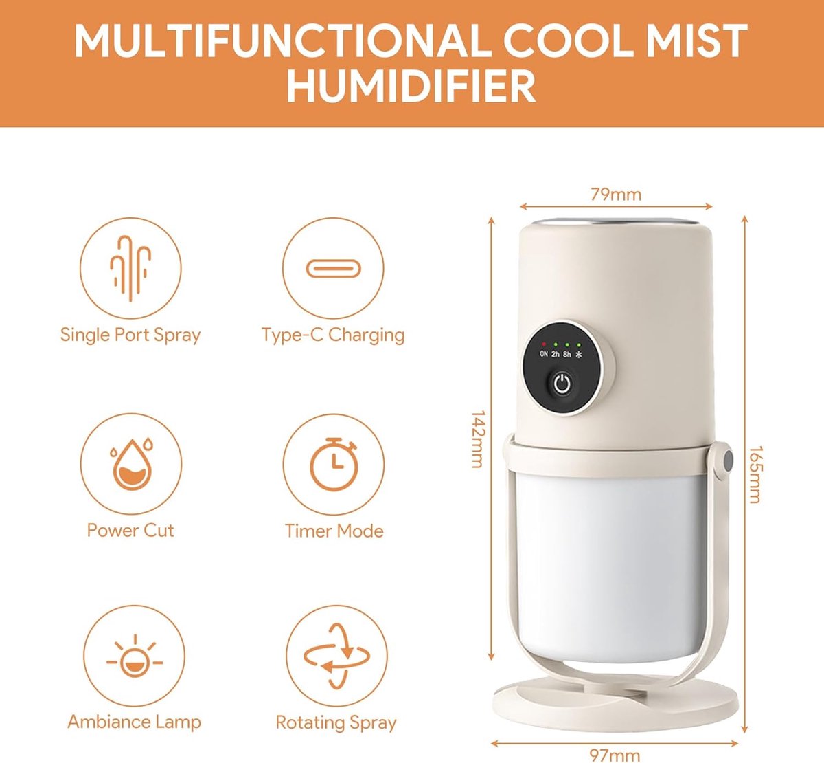 Humidifiers - Bedroom Humidifier - Cool Mist Humidifier - 280ml USB Desktop Humidifier with Night Light for Bedroom - Quiet Operation - Automatic Shut-Off - Timer