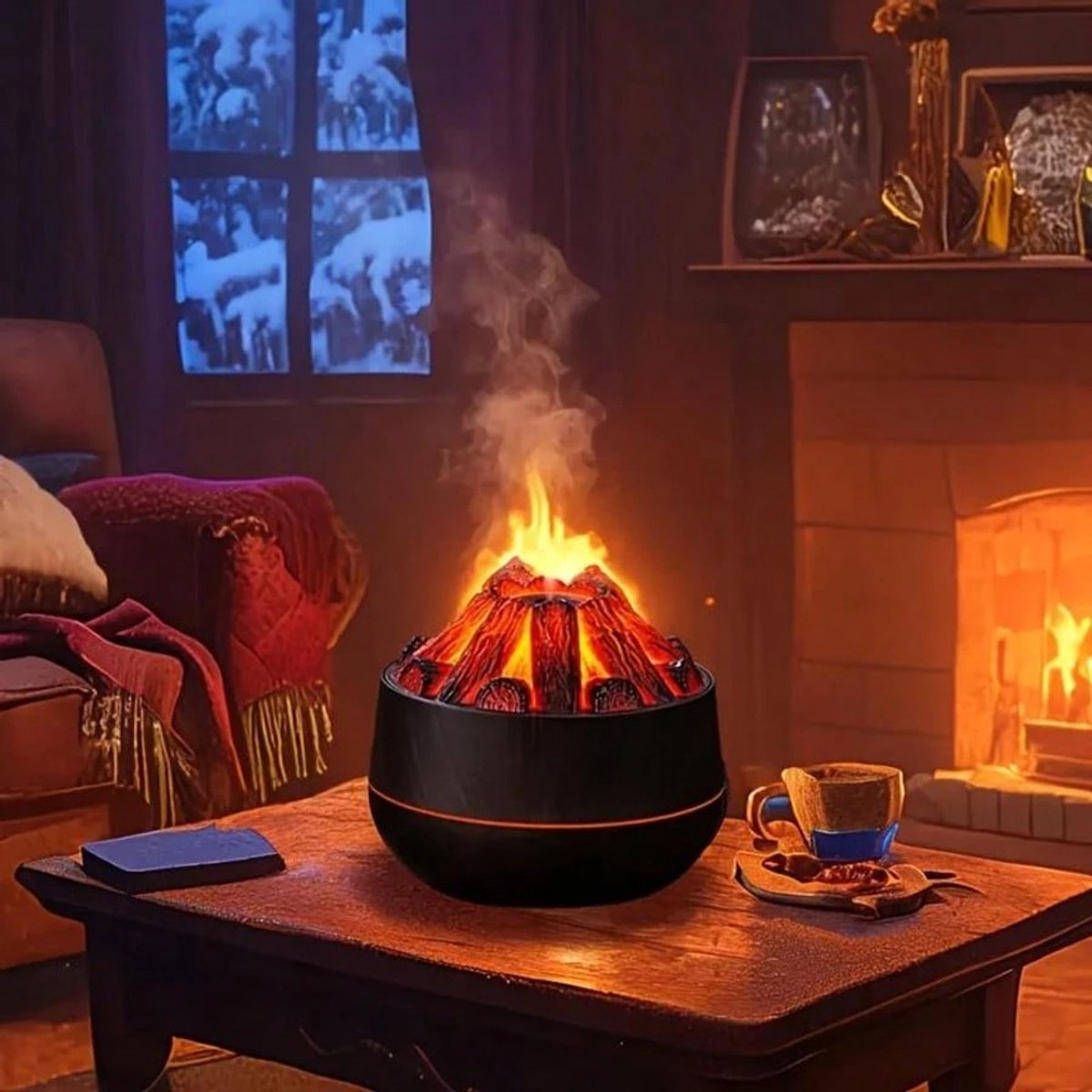 Aromatherapy Air Humidifier - Flame Effect Aromatherapy Diffuser - 300ml - Bedroom Humidifier - Campfire Shape - Small Ultra-Quiet USB Portable Humidifier for Home and Office (Dark)