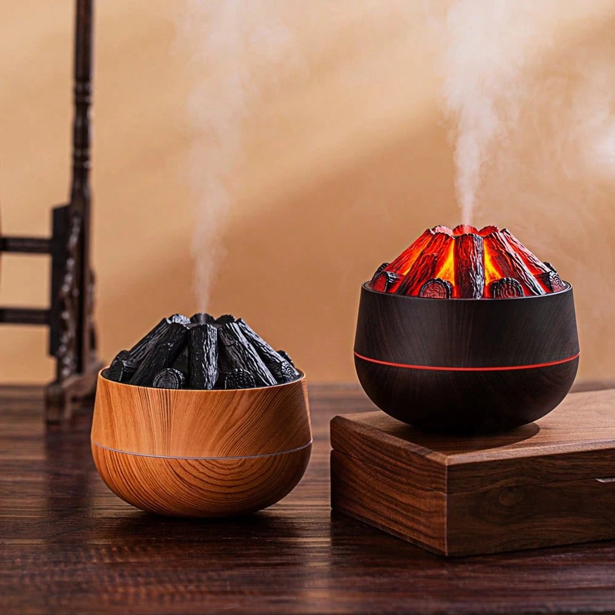 Aromatherapy Air Humidifier - Flame Effect Aromatherapy Diffuser - 300ml - Bedroom Humidifier - Campfire Shape - Small Ultra-Quiet USB Portable Humidifier for Home and Office (Dark)