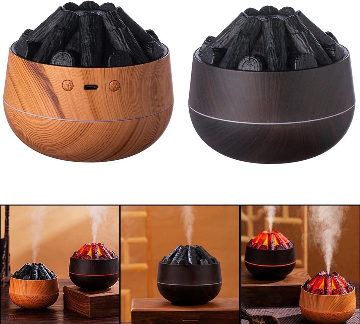 Aromatherapy Air Humidifier - Flame Effect Aromatherapy Diffuser - 300ml - Bedroom Humidifier - Campfire Shape - Small Ultra-Quiet USB Portable Humidifier for Home and Office (Dark)