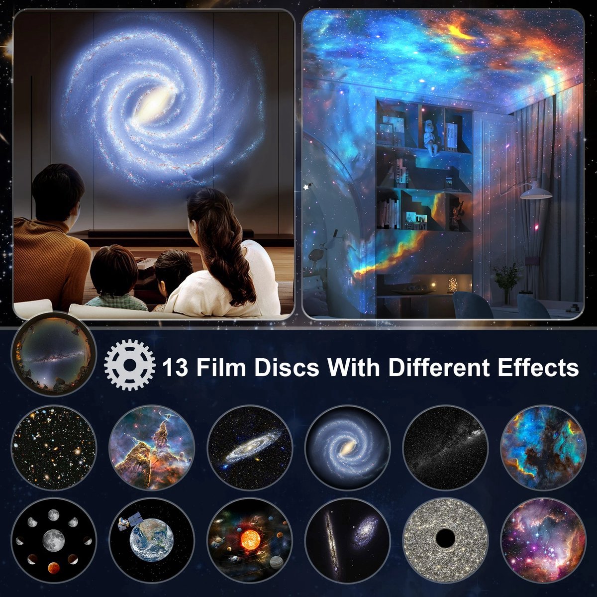 360° Starry Sky Night Projector with Solar System, Moon, Nebula, Milky Way, and Astronaut - Projector for Children and Adults - Mood Light - Bedroom Mood Light - Star Projector - Galaxy Projector - Starry Sky - Black