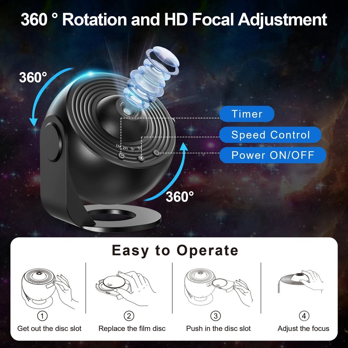 360° Starry Sky Night Projector with Solar System, Moon, Nebula, Milky Way, and Astronaut - Projector for Children and Adults - Mood Light - Bedroom Mood Light - Star Projector - Galaxy Projector - Starry Sky - Black