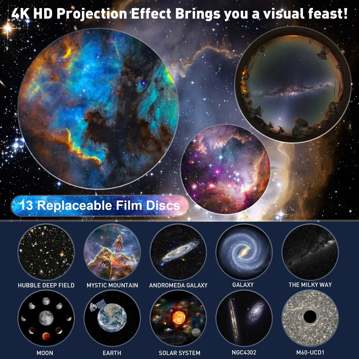 360° Starry Sky Night Projector with Solar System, Moon, Nebula, Milky Way, and Astronaut - Projector for Children and Adults - Mood Light - Bedroom Mood Light - Star Projector - Galaxy Projector - Starry Sky - Black