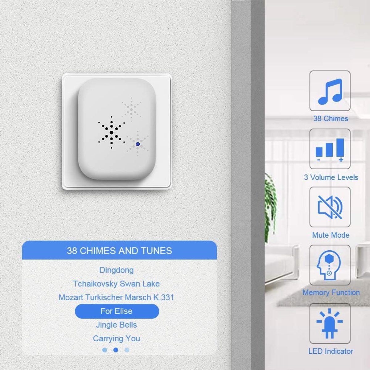 Wireless Doorbell - Doorbells - Wireless Doorbell - Standalone Doorbell - No Battery Required - Wireless Doorbell - 150m Range, Waterproof Button - With 38 Ringtones - 4 Volume Levels and LED - With