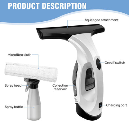 Windshield wiper - window cleaner - window squeegee - window cleaner - cordless window vacuum cleaner - water tank, spray bottle with microfiber cover - cordless window cleaner for all smooth surfaces, windows, mirrors, shower screens