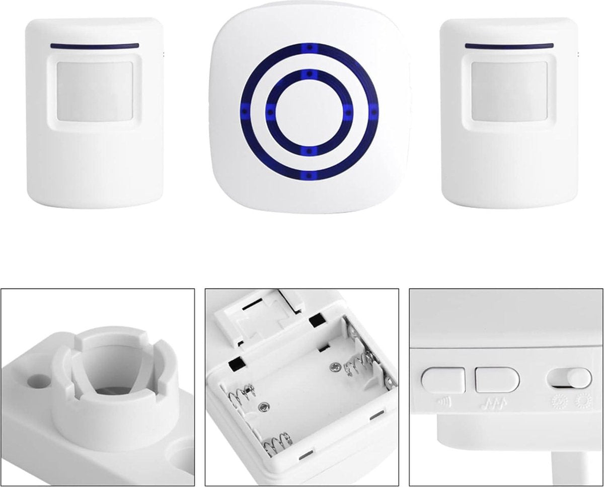 Infrared motion detector, wireless alarm, doorbell with receiver and transmitter - 38 ringtones, LED indicators - Best quality.