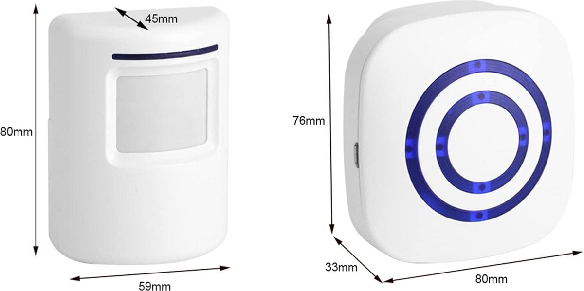 Infrared motion detector, wireless alarm, doorbell with receiver and transmitter - 38 ringtones, LED indicators - Best quality.
