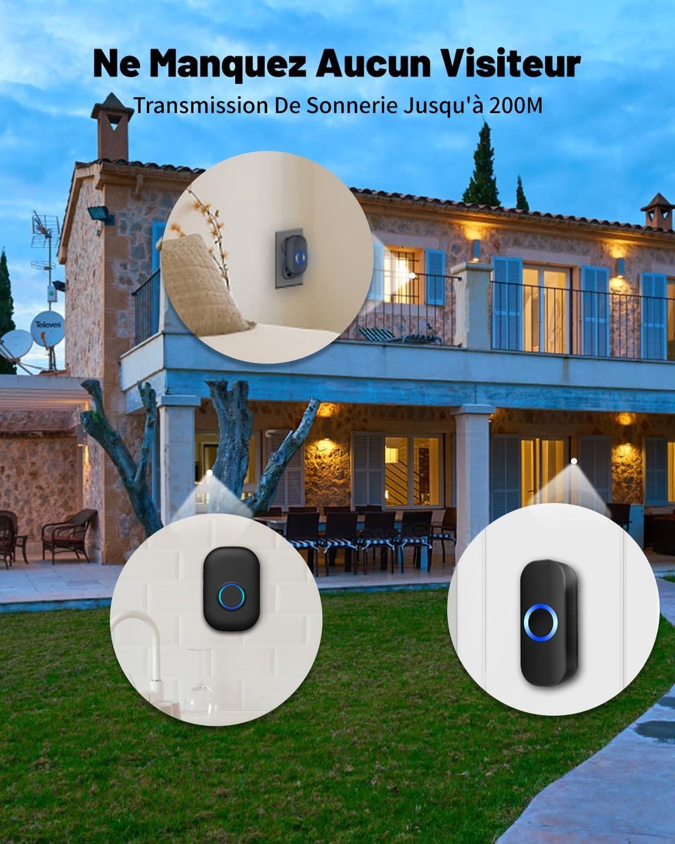 Wireless Doorbell - Doorbells - Outdoor Wireless Doorbell - 150m Doorbell Range - IP44 Waterproof Electronic Doorbell - Doorbell Kit with Plug-in Receiver - Blue LED - Waterproof - For Home