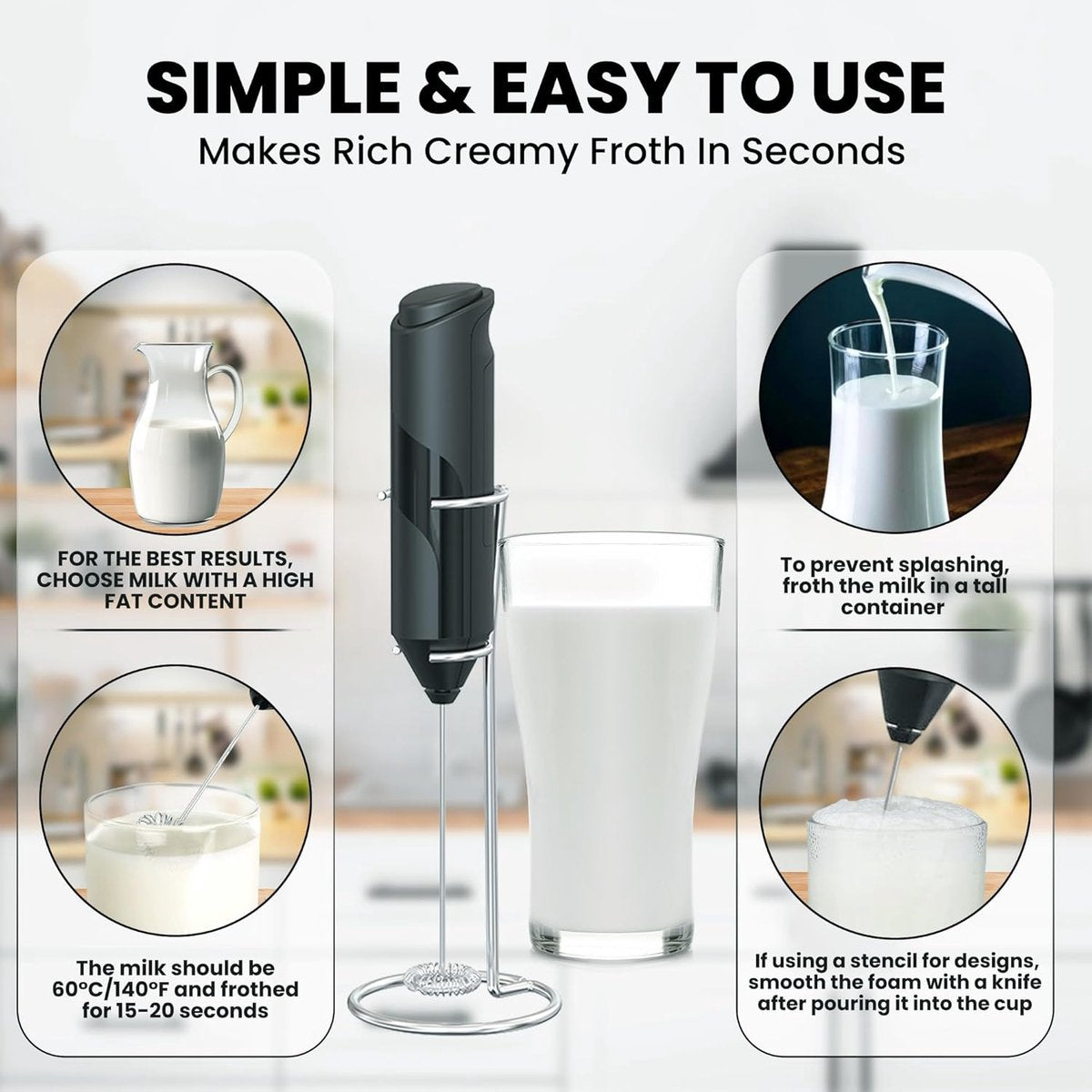 Milk frother - Milk frother - Electric milk frother - Milk frother with stand - Portable battery-operated milk frother - Manual milk frother with stand - Handheld frother for coffee blender - For lattes, cappuccinos, and coffee cream