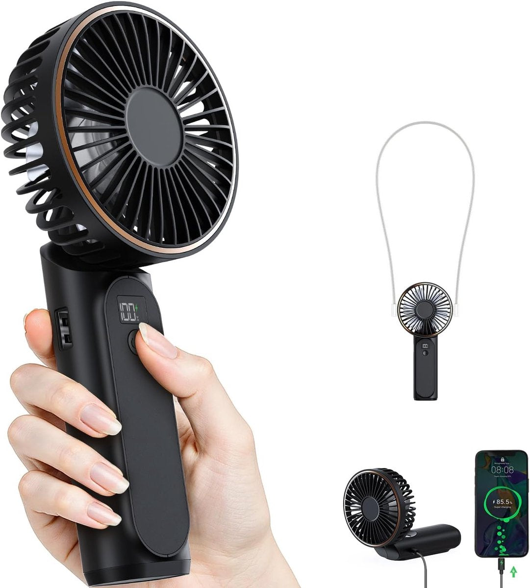 Handheld Fan - Mini Portable Fan - Rechargeable - Power Bank - 6 Settings - Black