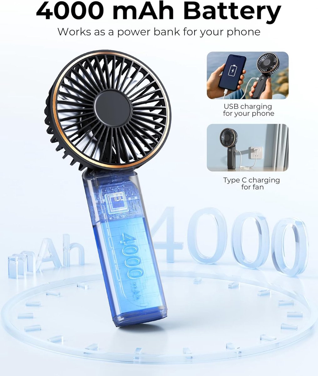Handheld Fan - Mini Portable Fan - Rechargeable - Power Bank - 6 Settings - Black