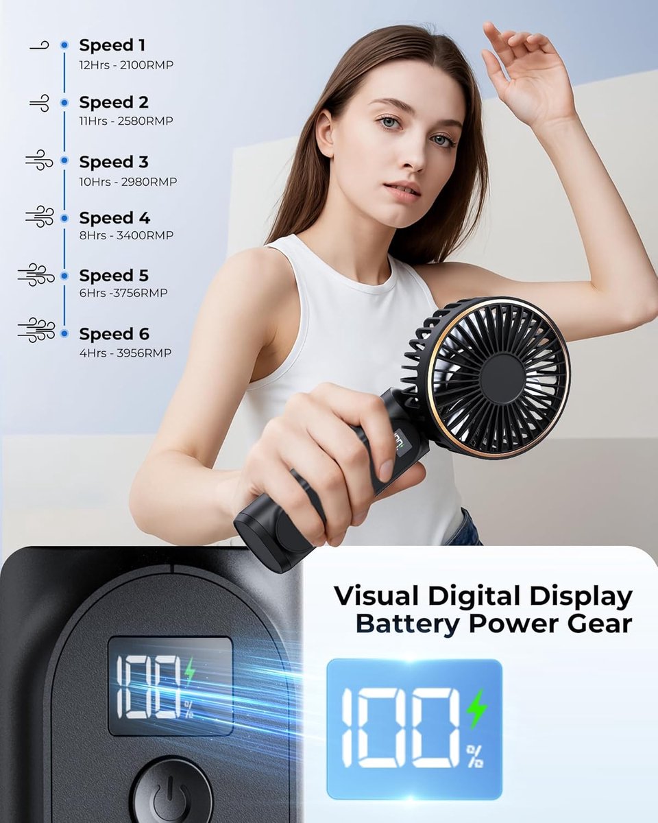 Handheld Fan - Mini Portable Fan - Rechargeable - Power Bank - 6 Settings - Black