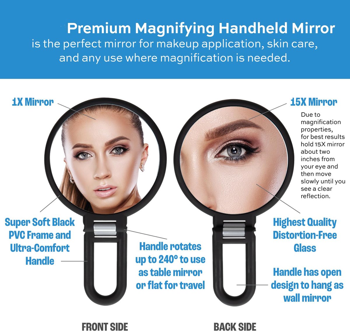 Pocket Mirror - 15x Magnifying Pocket Mirror - Pocket Mirror - Portable Travel Mirror - Makeup Mirror - Beauty Mirror - with Handle - Round - Practical - Black