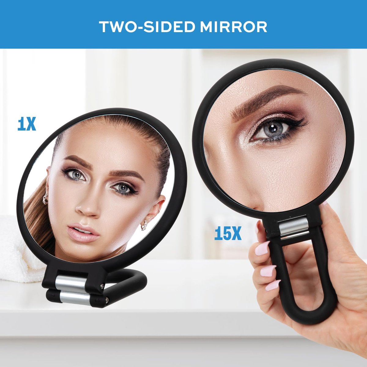 Pocket Mirror - 15x Magnifying Pocket Mirror - Pocket Mirror - Portable Travel Mirror - Makeup Mirror - Beauty Mirror - with Handle - Round - Practical - Black
