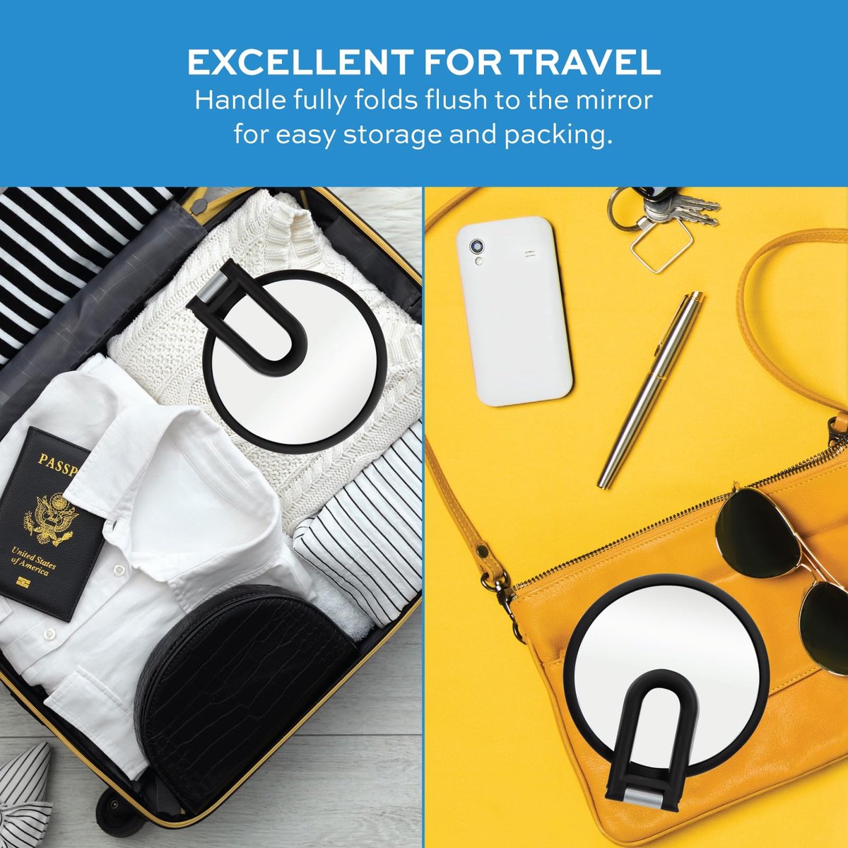 Pocket Mirror - 15x Magnifying Pocket Mirror - Pocket Mirror - Portable Travel Mirror - Makeup Mirror - Beauty Mirror - with Handle - Round - Practical - Black