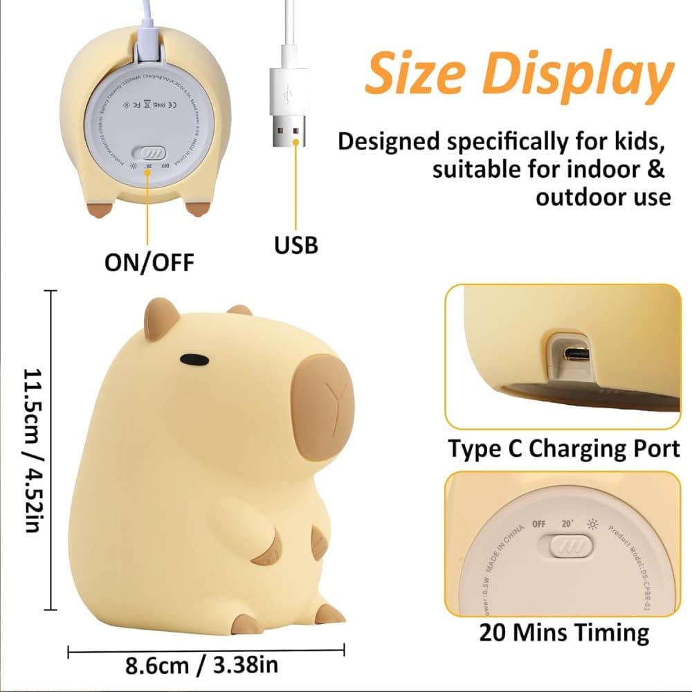 Capybara Night Light Soft Animal Shaped LED Lamp Dimmable with Timer Rechargeable for Kids Room, Portable