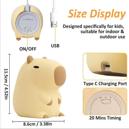 Capybara Night Light Soft Animal Shaped LED Lamp Dimmable with Timer Rechargeable for Kids Room, Portable